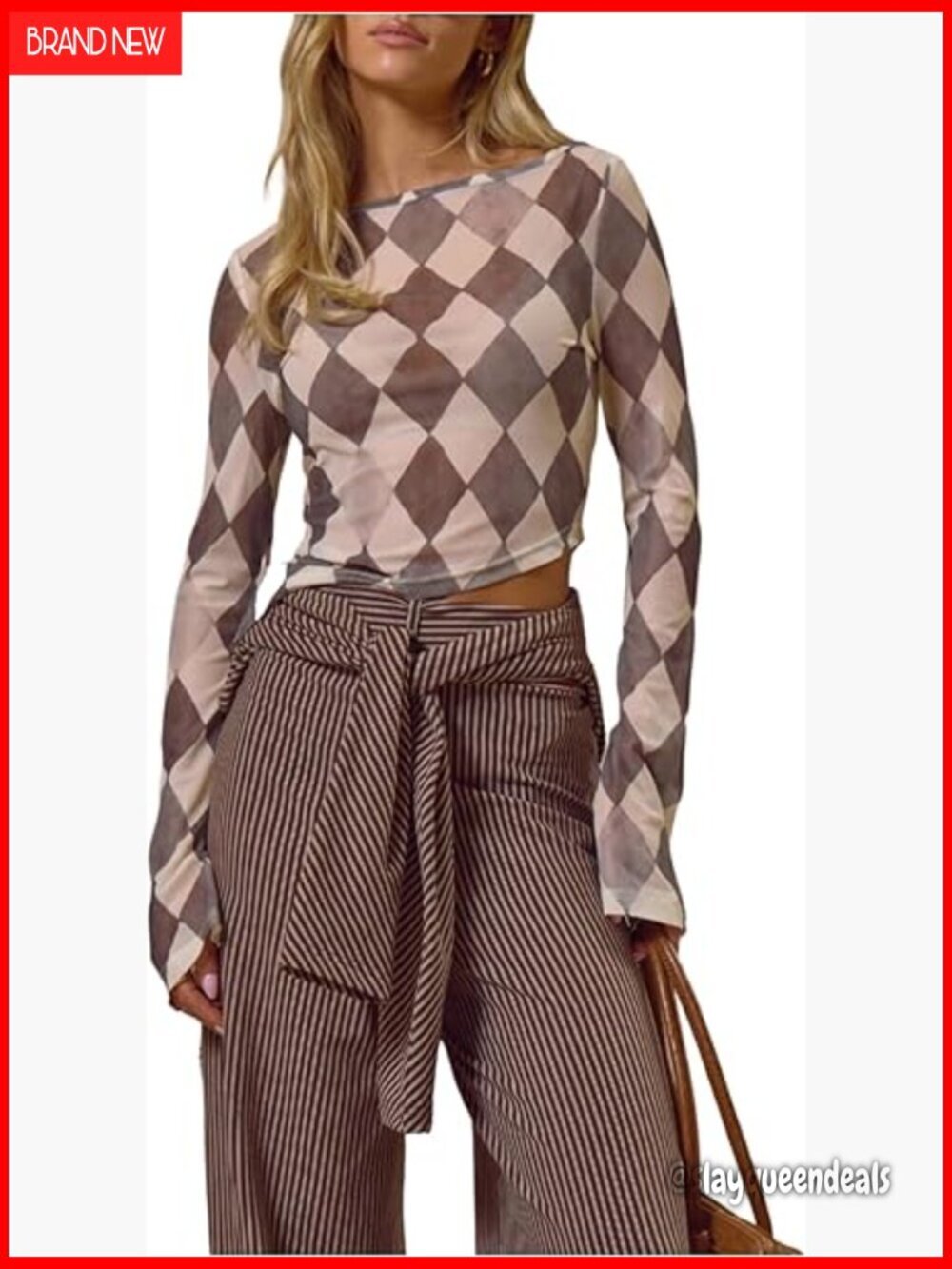 Sheer Mesh Long Sleeve Crop Top Argyle Plaid Y2K Streetwear